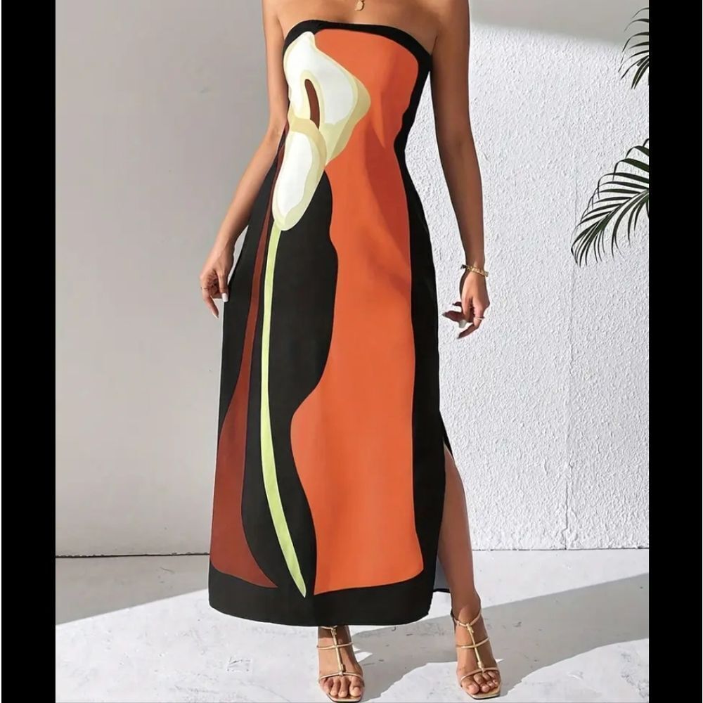 🆕💐White Lily Print Strapless Midi Dress
